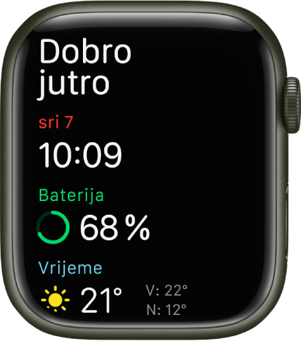 Apple Watch prikazuje zaslon buđenja. Riječi Dobro jutro prikazuju se pri vrhu. Datum, vrijeme, postotak baterije i vrijeme nalaze se ispod.