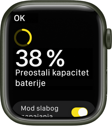 Zaslon Mod slabog napajanja prikazuje djelomično žuti krug koji ukazuje na preostalu napunjenost, riječi Preostalo je 48 posto baterije te tipka Moda slabog napajanja pri dnu.