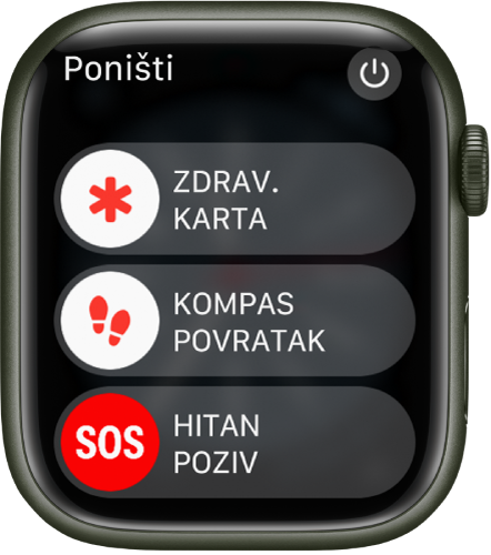 Zaslon Apple Watcha s prikazom tri kliznika: Zdravstvena karta, Povratak kompasa i Hitan poziv. Tipka napajanja nalazi se u gornjem desnom kutu.