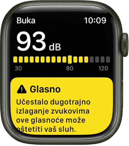 Obavijest aplikacije Buka o razini zvuka od otprilike 93 decibela. Ispod je prikazano upozorenje za dugotrajno izlaganje ovoj razini zvuka.