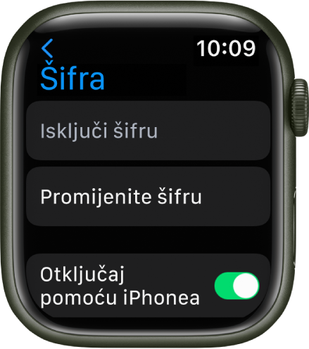 Postavke Šifre na Apple Watchu, s tipkom Isključi šifru pri vrhu zaslona, tipkom Promijeni šifru dolje u nastavku i Otključajte pomoću iPhonea na dnu.