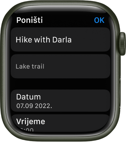 Zaslon uređivanja u aplikaciji Podsjetnici na Apple Watchu Naziv podsjetnika nalazi se pri vrhu s opisom ispod. Pri dnu su datum i vrijeme kada je podsjetnik zakazan za prikazivanje. Tipka Gotovo nalazi se u gornjem desnom kutu.