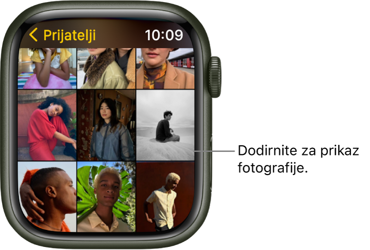 Glavni zaslon aplikacije Foto na Apple Watchu, s nekoliko fotografija prikazanih u rešetki.