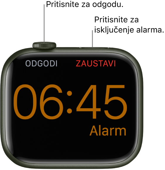 Apple Watch položen na bočnu stranu i prikazanim aktiviranim alarmom na zaslonu. Ispod Digital Crowna nalaze se riječi "Odgodi alarm". Riječ "Zaustavi" nalazi se ispod bočne tipke.