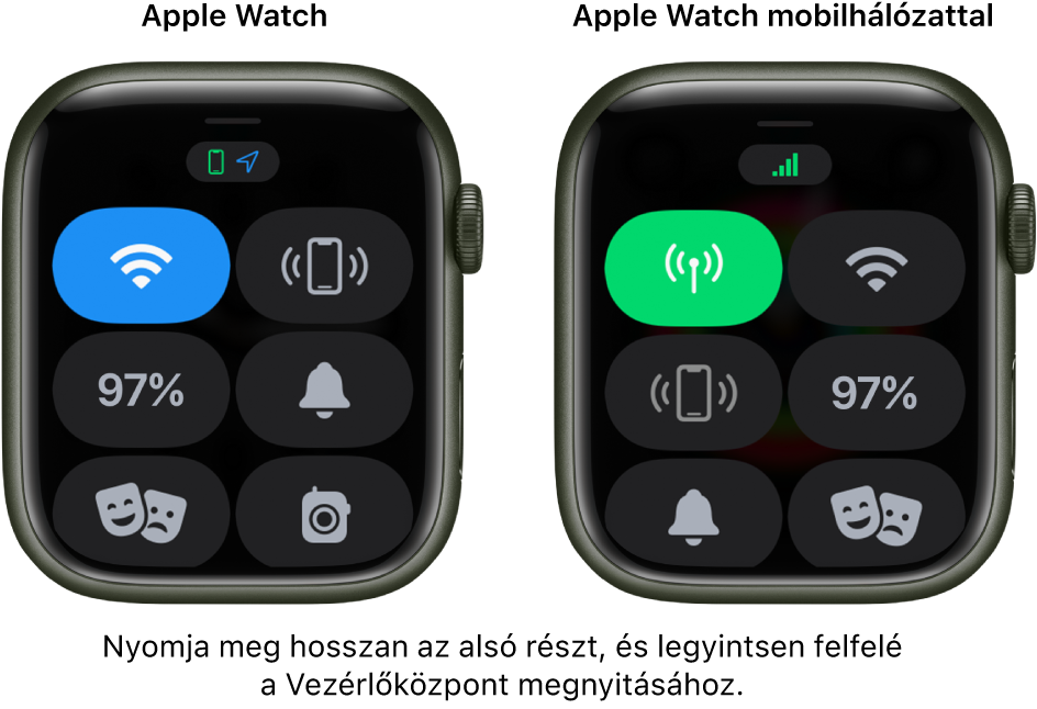 Két kép: Az Apple Watch mobilhálózat nélkül a bal oldalon, a Vezérlőközponttal. A Wi-Fi gomb a bal felső részen látható, az iPhone pingelése gomb a jobb felső részen, az Akkumulátor töltöttsége gomb bal oldalon középen, a Néma üzemmód gomb jobb oldalon középen, a Színház mód bal oldal lent és az Adóvevő gomb jobb oldalon lent. A jobb oldali kép az Apple Watchot jeleníti meg mobilhálózattal. A Vezérlőközpont a Mobilhálózat gombbal a bal felső részen látható, a Wi-Fi gomb a jobb felső részen, az iPhone pingelése gomb bal oldalon középen, az Akkumulátor töltöttsége gomb jobb oldalon középen, a Néma üzemmód gomb bal oldal lent és a Színház mód jobb oldalon lent.