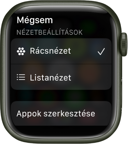 A Beállítások megtekintése képernyőn a Rácsnézet és a Listanézet gomb látható. Az Appok szerkesztése gomb a képernyő alján látható.