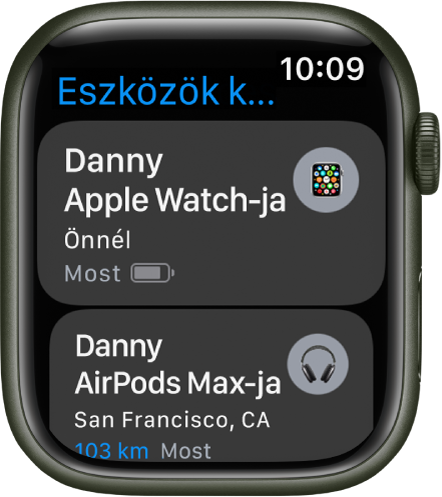 Az Eszközök keresése app két eszközzel: egy Apple Watch és egy AirPods fülhallgató.