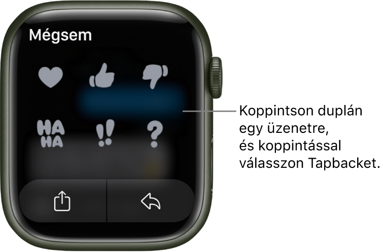 Beszélgetés az Üzenetekben Tapback-lehetőségekkel: szív, felfelé mutató hüvelykujj, lefelé mutató hüvelykujj, ha-ha, !! és ?. Alul a Válasz gomb látható.