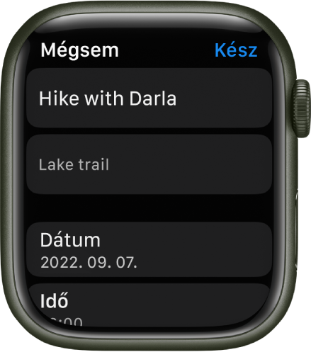 Az Apple Watch Emlékeztetők appjának Szerkesztés képernyője. Az emlékeztető neve felül, míg a leírása alatta jelenik meg. Alul az emlékeztető megjelenési ütemezésének a dátuma és időpontja látható. A Kész gomb a jobb felső részen jelenik meg.