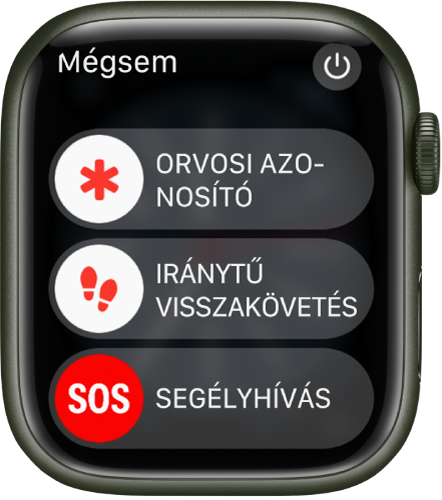Az Apple Watch képernyője, három csúszkával: Orvosi azonosító, Iránytű visszakövetés és Segélyhívás A Bekapcsológomb a jobb felső részen jelenik meg.