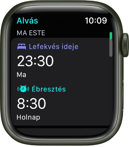 Az Apple Watch Alvás appja megjeleníti az eseti alvási ütemezést. A Lefekvés felül, míg az Ébresztés ideje alatta látható.