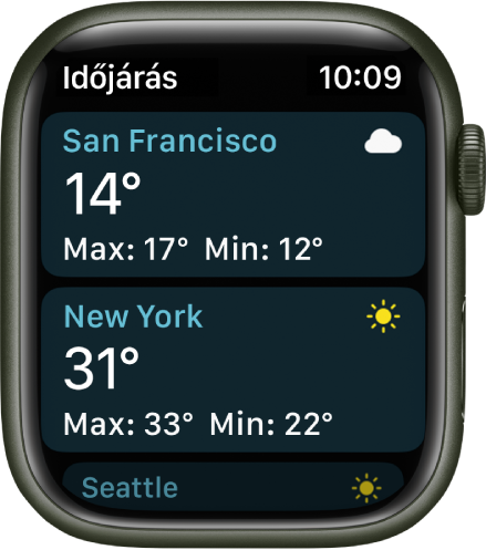 Az Időjárás app két nagyváros időjárásának részleteivel.