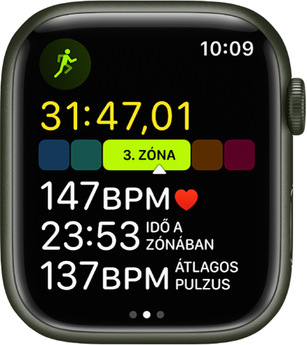 Az Edzés App egy folyamatban lévő kültéri futásedzéssel. A képernyőn elemzések listája látható. A listában az eltelt idő, a pulzuszóna, a pulzusszám, a zónában töltött idő és az átlagos pulzusszám látható.