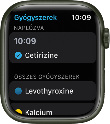 A Gyógyszerek app, amelyben a naplózott gyógyszerek és táplálékkiegészítők láthatók.