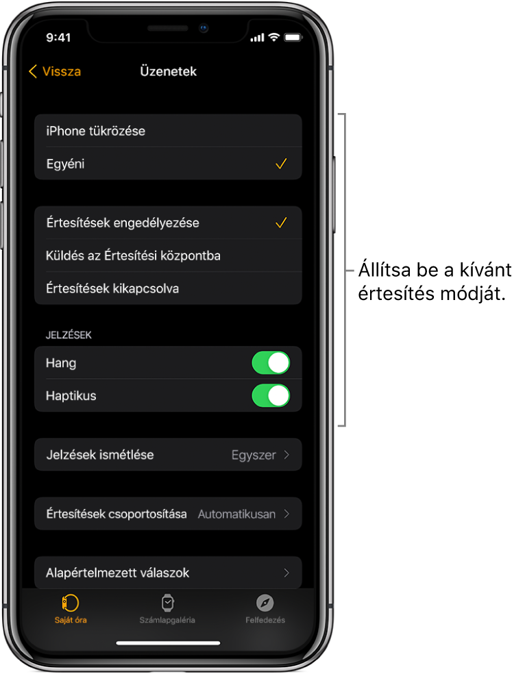 Az Üzenetek beállításai az iPhone Apple Watch appjában. Kiválaszthatja, hogy megjelenjenek-e az értesítések, bekapcsolhatja a hangot, bekapcsolhatja a haptikus jelzéseket, és megismételheti a jelzéseket.