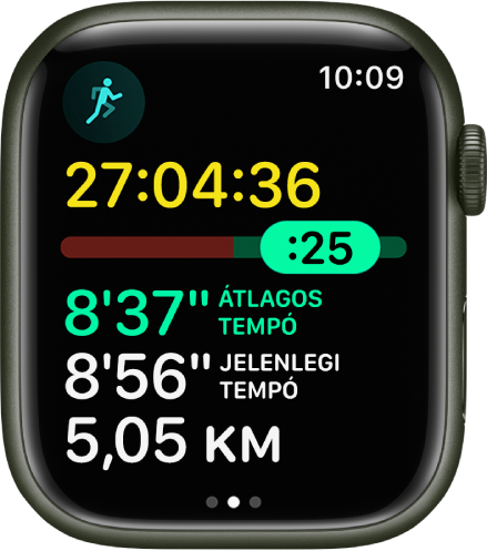 Az Apple Watch Edzés appjában egy Kültéri futásedzés tempóelemzése látható. Felül a futás ideje látható. Alatta egy csúszka jelzi, hogy mennyivel tart a tempója előtt vagy mögött. Alatta az Átlagos tempó, a Jelenlegi tempó és a távolság látható.