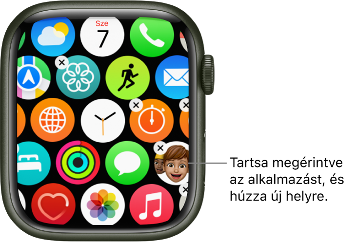 Az Apple Watch Főképernyője rácsnézetben.
