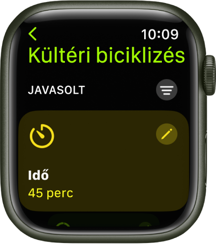 Az Edzés app egyik képernyője, amelyen egy kültéri bicikliedzés szerkesztése látható. Középen az Idő mozaik jelenik meg, a mozaik jobb felső részén pedig egy Szerkesztés gomb. Az idő 45 percre van beállítva.