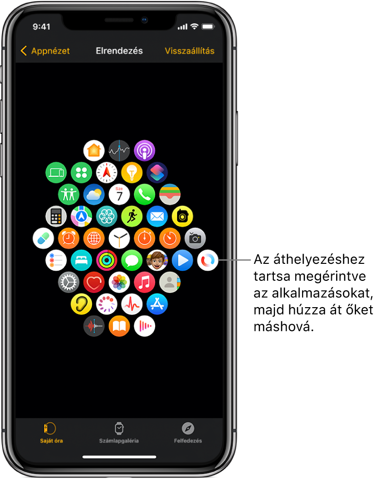 Az Apple Watch app Elrendezés képernyője rácson jeleníti meg az ikonokat.