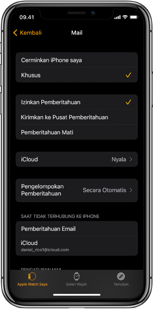 Pengaturan mail di app Apple Watch menampilkan pengaturan untuk pemberitahuan dan akun email.