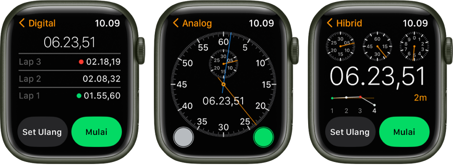 Tiga jenis stopwatch di app Stopwatch: Stopwatch digital dengan penghitung lap, stopwatch analog, dan stopwatch hibrida yang menampilkan waktu dalam format analog serta digital. Setiap jam memilki tombol mulai dan atur ulang.