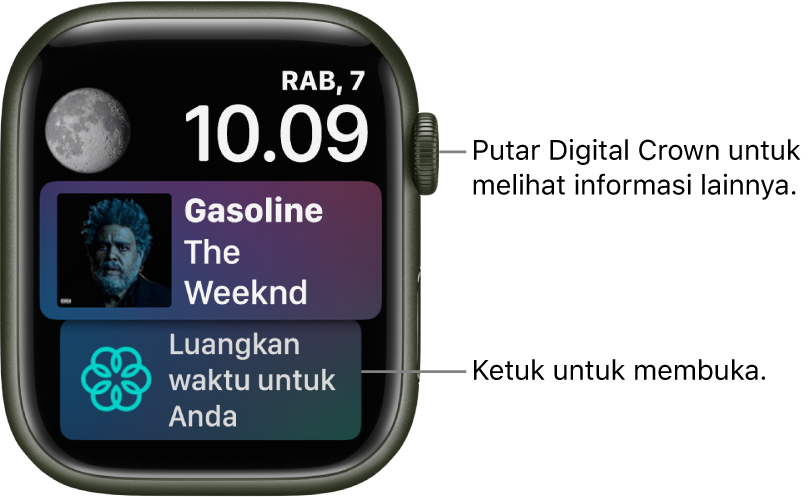 Wajah jam Siri menampilkan tanggal dan waktu di kanan atas. Komplikasi Fase Bulan terdapat di kiri atas. Di bawah terdapat komplikasi Musik yang menampilkan lagu yang sedang diputar. Di bagian bawah terdapat komplikasi Kesadaran.