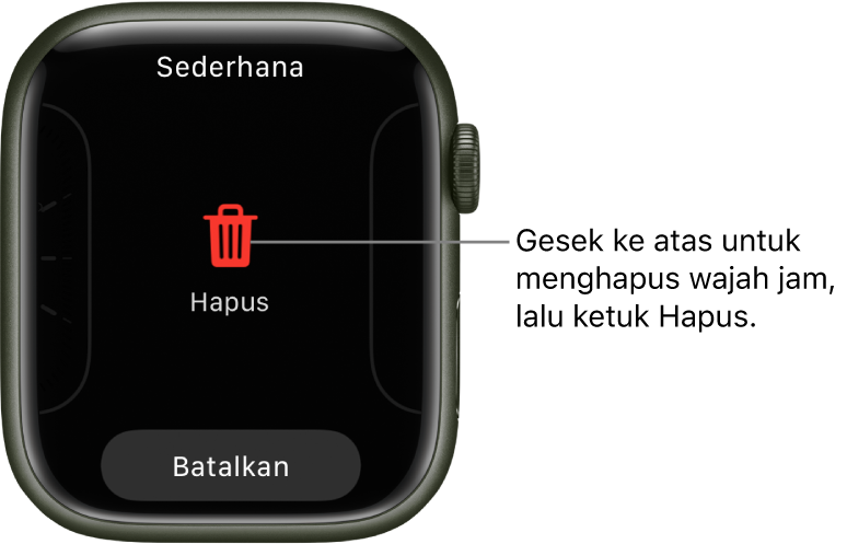 Layar Apple Watch menampilkan tombol Hapus dan Batal, yang muncul setelah Anda menggesek ke wajah jam, lalu menggesek ke atas untuk menghapusnya.