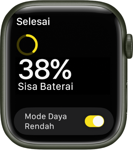 Layar Mode Daya Rendah menampilkan cincin kuning parsial yang menunjukkan daya tersisa, kata-kata 38 persen Daya Tersisa, dan tombol Mode Daya Rendah di bagian bawah.
