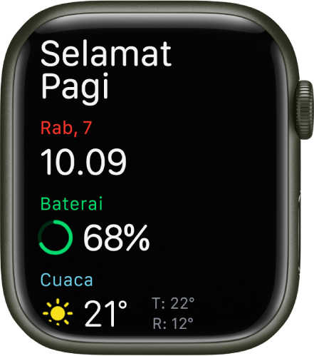 Apple Watch menampilkan layar bangun. Kata Selamat Pagi muncul di bagian atas. Tanggal, waktu, persentase layar, dan cuaca terletak di bawah.