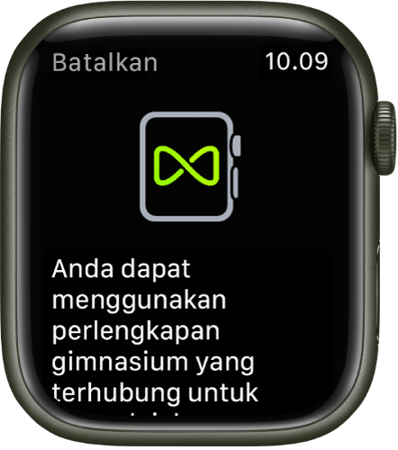 Layar pemasangan yang muncul saat Anda memasangkan Apple Watch Anda dengan alat gimnasium.