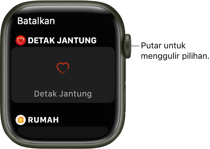 Layar penyesuaian untuk wajah jam dengan komplikasi Detak Jantung yang disorot. Putar Digital Crown untuk menelusuri komplikasi.