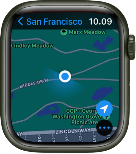 App Peta menampilkan peta. Lokasi Anda ditampilkan sebagai titik biru pada peta.
