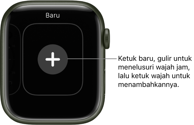 Layar wajah jam baru, dengan tombol tambah di bagian tengah. Ketuk untuk menambah wajah jam baru.
