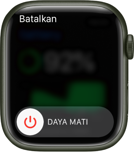 Layar Apple Watch menampilkan penggeser Daya Mati. Seret penggeser untuk mematikan Apple Watch.