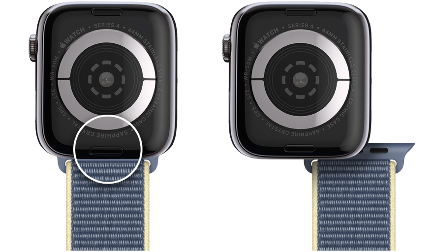 Dua gambar Apple Watch. Gambar di sebelah kiri menampilkan tombol pelepas tali. Gambar di sebelah kanan menampilkan tali jam yang dimasukkan sebagian ke lubang tali.