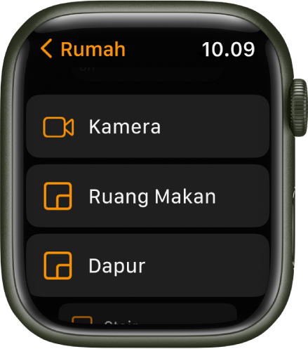 App Rumah menampilkan daftar ruang yang mencakup kamera dan dua ruang.