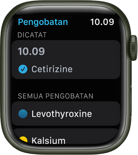 App Pengobatan menampilkan pengobatan tercatat.