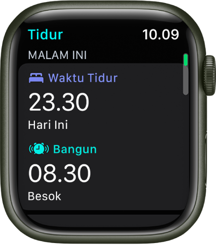 App Tidur di Apple Watch menampilkan jadwal tidur malam. Waktu Tidur muncul di bagian atas dan waktu Bangun di bawahnya.