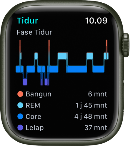 App Tidur menunjukkan waktu yang dihabiskan untuk bangun dan dalam REM, Inti, dan Tidur lelap.