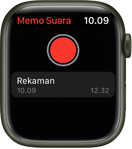 Apple Watch menampilkan layar Memo Suara. Tombol Rekam berwarna merah muncul di dekat bagian atas. Rekaman memo muncul di bawah. Memo menampilkan waktu rekaman direkam dan durasinya.