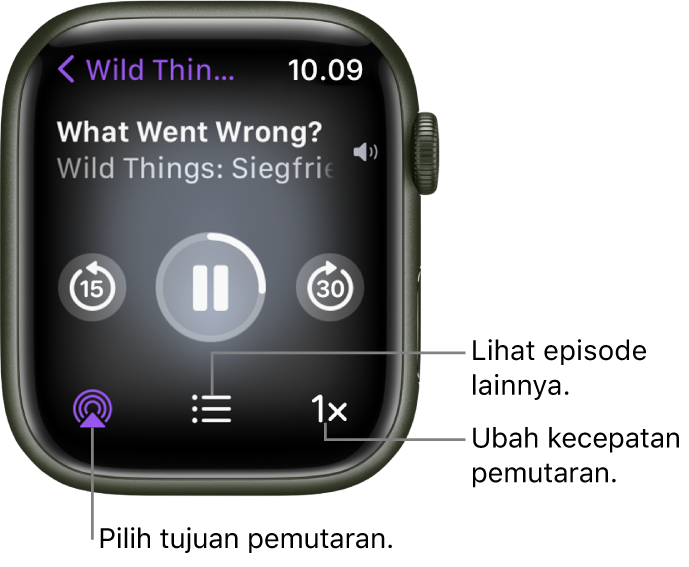 Layar Sedang Diputar di Podcast menampilkan judul acara, judul episode, tanggal, tombol lewati mundur 15 detik, tombol jeda, tombol lewati maju 30 detik, tombol AirPlay, tombol episode, dan tombol laju pemutaran.