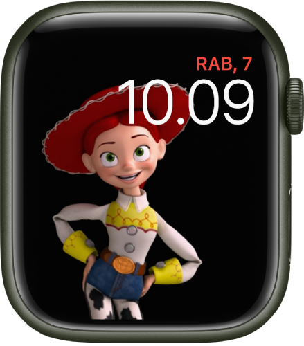 Wajah jam Toy Story menampilkan hari, tanggal, dan waktu di bagian kanan atas dan animasi Jessie di bagian kiri layar.