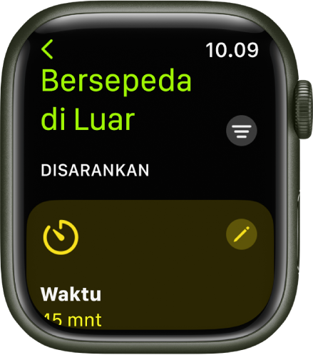 App Olahraga menampilkan layar untuk mengedit olahraga Bersepeda Di Luar. Ubin Waktu berada di tengah dengan tombol Edit di kanan atas ubin. Waktu saat ini diatur ke 45 menit.