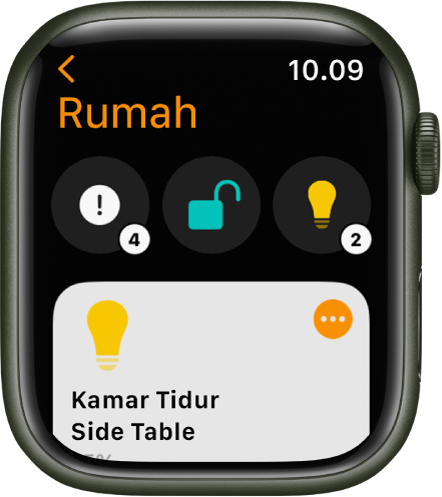 App Rumah menampilkan ikon status di bagian atas dan aksesori di bawah.