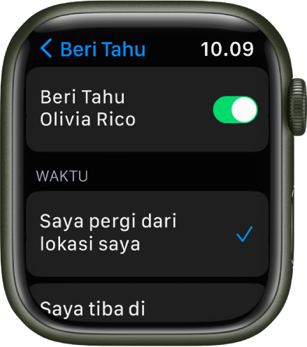 Layar Beri Tahu di app Cari Orang. “Saat saya meninggalkan lokasi saya” dipilih.