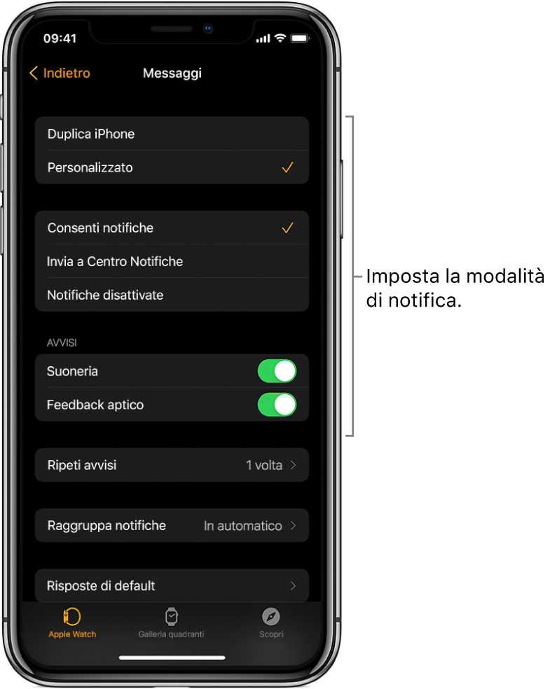 Impostazioni di Messaggi nell'app Watch su iPhone. Puoi scegliere se mostrare gli avvisi, attivare il suono e il feedback aptico e ripetere gli avvisi.
