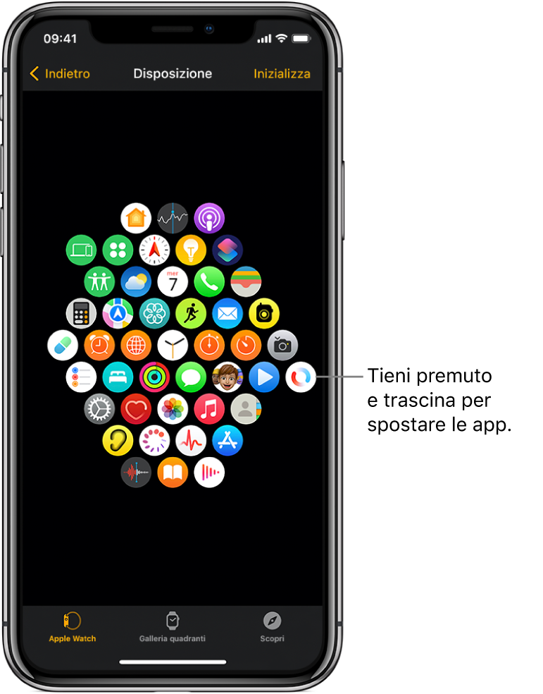 La schermata Disposizione nell'app Watch che mostra una griglia di icone.