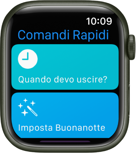L'app Comandi Rapidi su Apple Watch che mostra due comandi rapidi: “Quando devo partire” e “Imposta la buonanotte”.