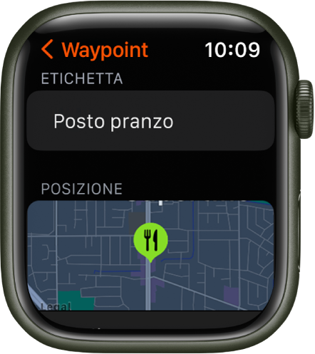 L'app Bussola con la schermata di modifica dei waypoint. In alto a sinistra è visibile il campo Etichetta. Sotto, è visibile l'area Posizione con la posizione del waypoint sulla mappa. Al waypoint è stata applicata l'icona del cibo.