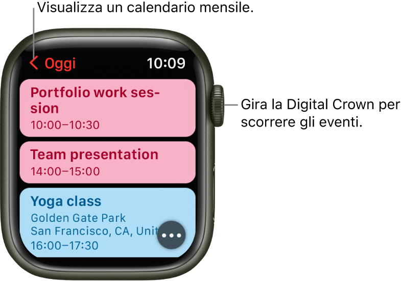 Schermata di Calendario che mostra un elenco degli eventi del giorno.